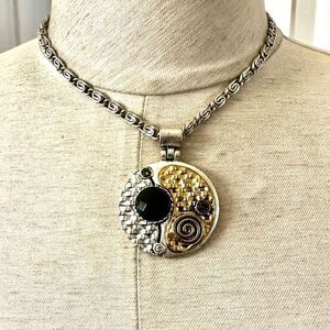 Silver tone and gold green pendant necklace